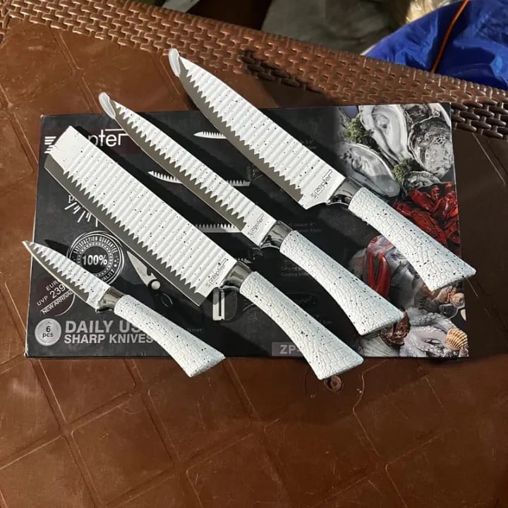 Bass/Zepter 6 Pieces Kitchen Knife Set- Stainless Steel With Leather Covering Handle- Unique Design