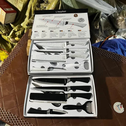 Bass/Zepter 6 Pieces Kitchen Knife Set- Stainless Steel With Leather Covering Handle- Unique Design