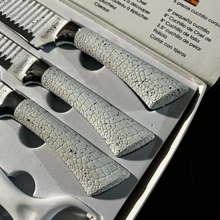 Bass/Zepter 6 Pieces Kitchen Knife Set- Stainless Steel With Leather Covering Handle- Unique Design