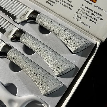 Bass/Zepter 6 Pieces Kitchen Knife Set- Stainless Steel With Leather Covering Handle- Unique Design
